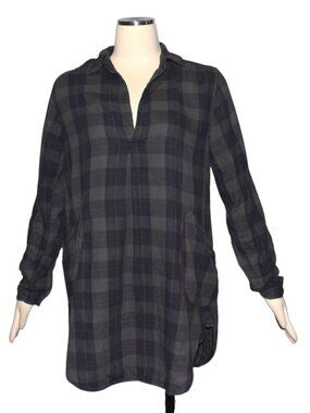 CP Shades Plaid Cotton Tunic Dress Size Small Charcoal Gray Blue Pockets
